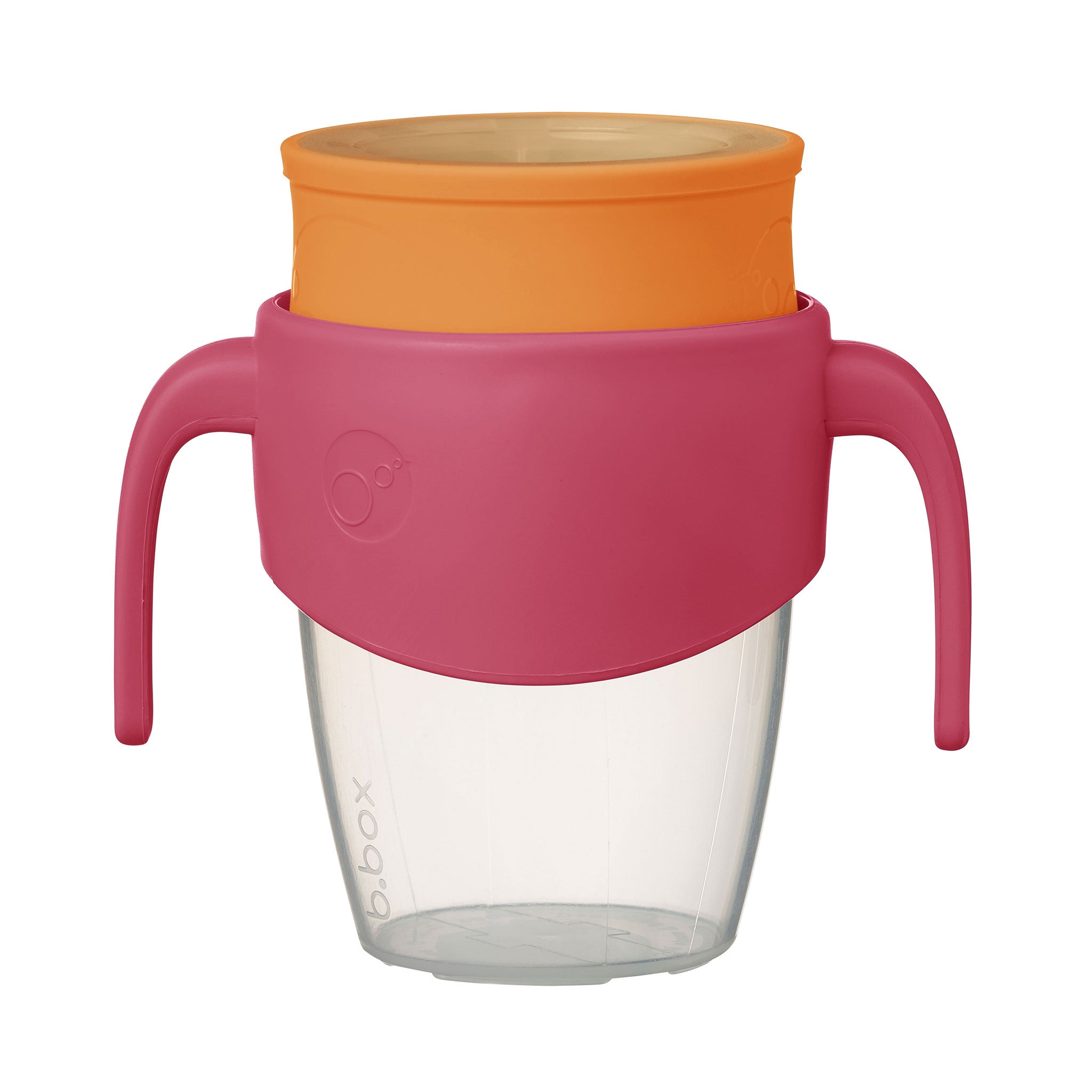 赤ちゃんが使用するカラフルなコップ飲み練習アイテムの画像。持ちやすいハンドルと漏れ防止設計が施されています。
