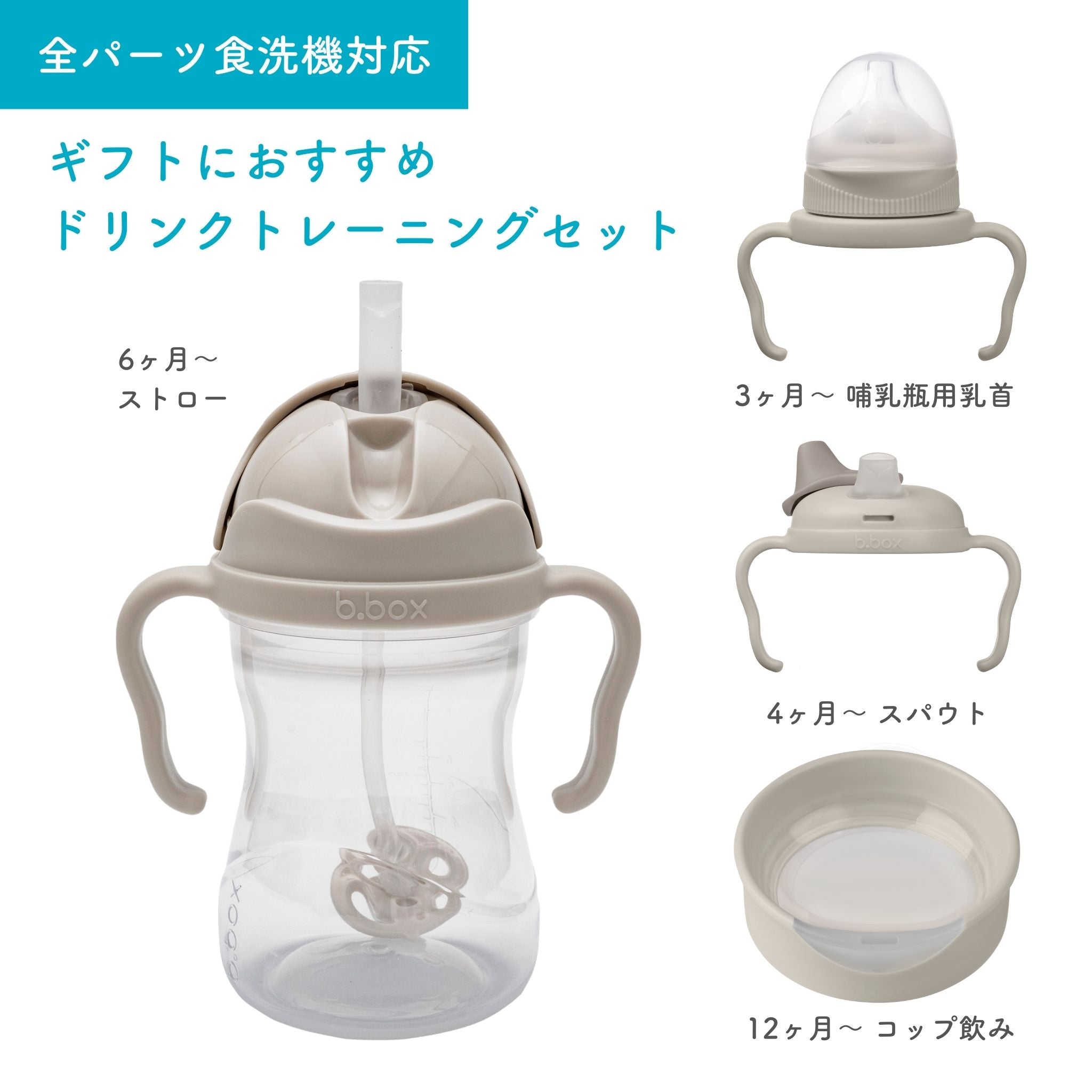 ギフトにおすすめ!ドリンクトレーニングセット。哺乳瓶乳首、スパウト、ストロー、コップの4つの飲み口がセットになっています。