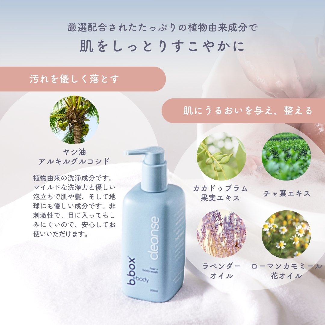 b.box body cleanseの主要成分である、ヤシ油アルキルグルコシド、ローマンカモミール花オイル、カカドゥプラム果実エキス、チャ葉エキス、ラベンダーオイルのイメージ画像