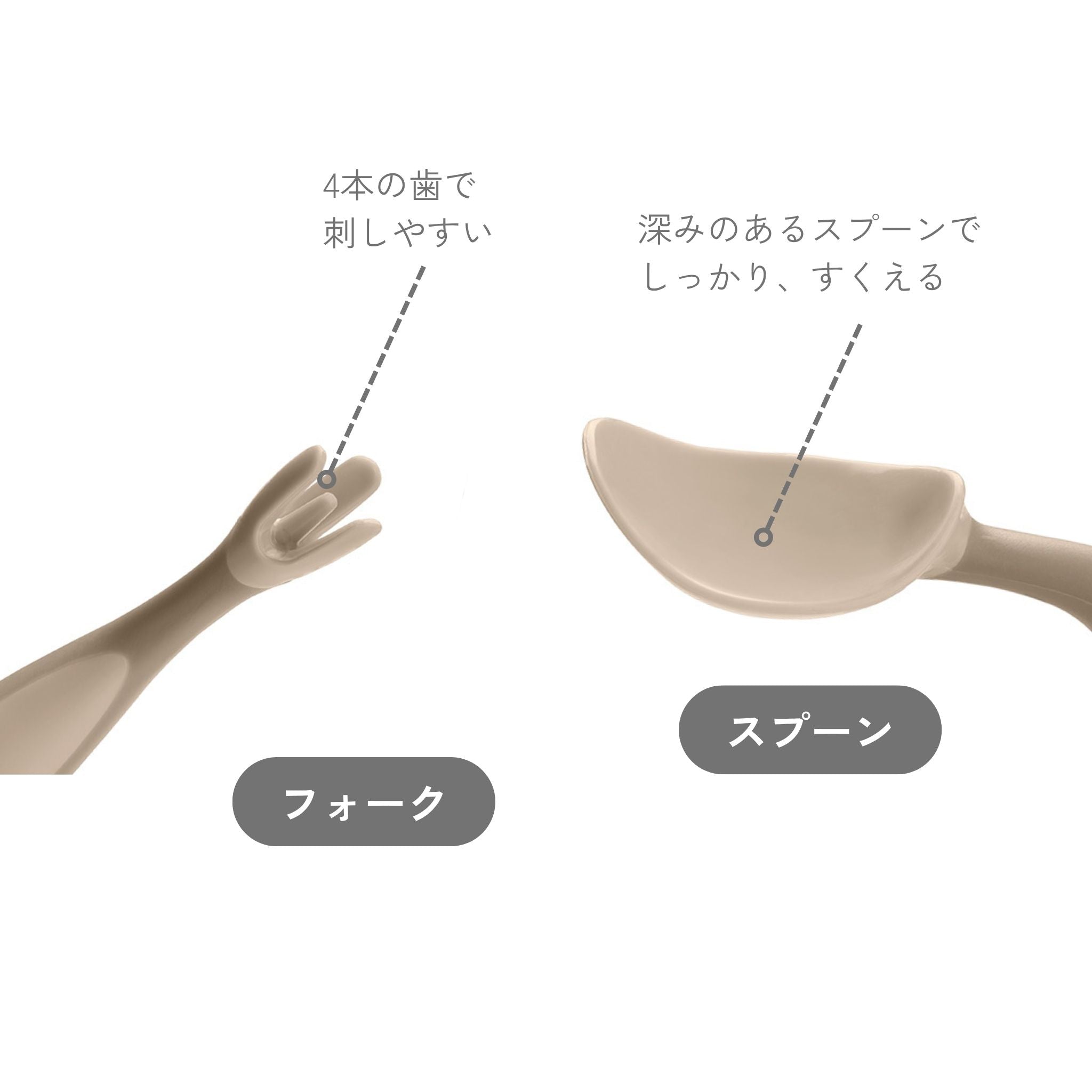すくいやすいスプーンと4本の歯で刺しやすいフォークのセット