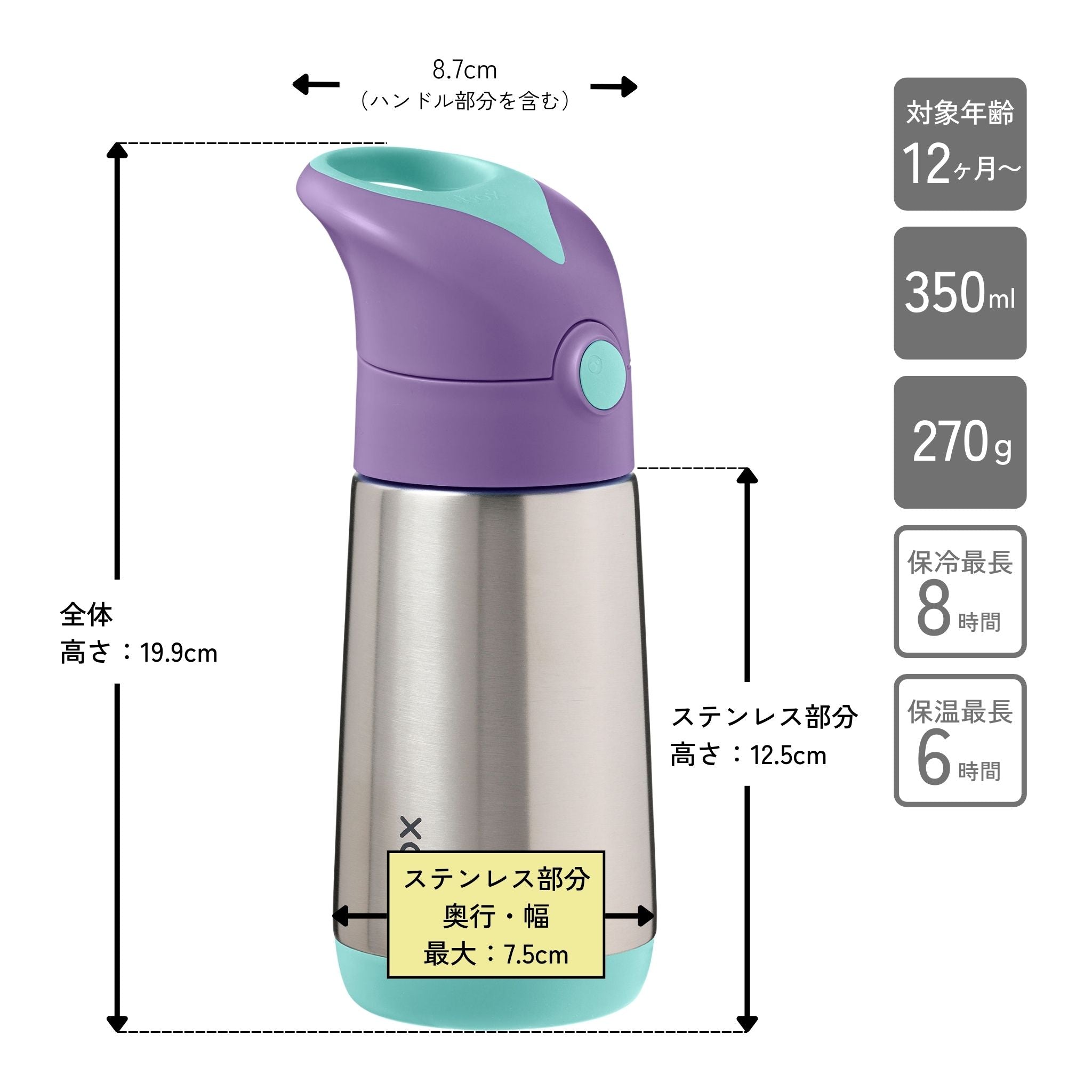 対象年齢12ヶ月から使える人気の子供用水筒 350mlの容量で最長8時間保冷 最長6時間保温