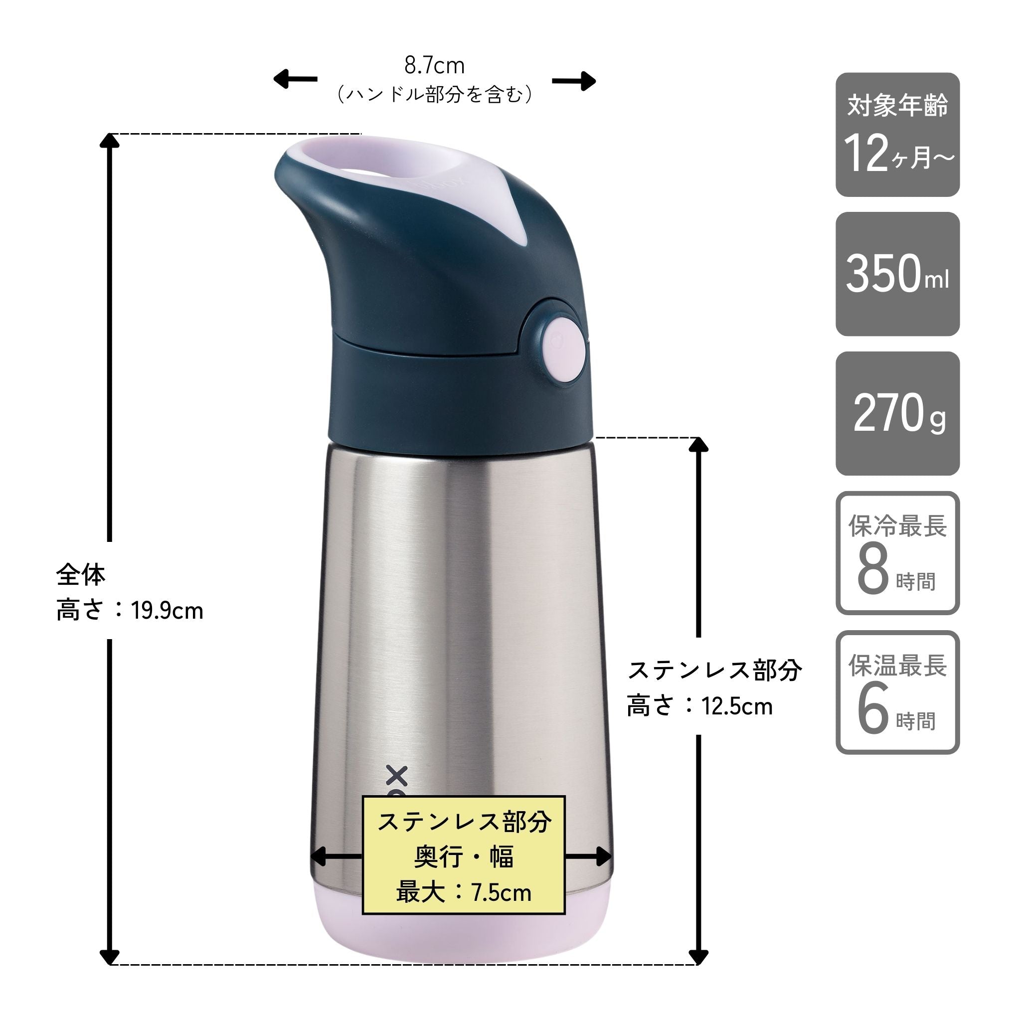 子供用水筒ステンレス製のサイズと対象年齢 保冷時間の最長は8時間 保温時間の最長は6時間