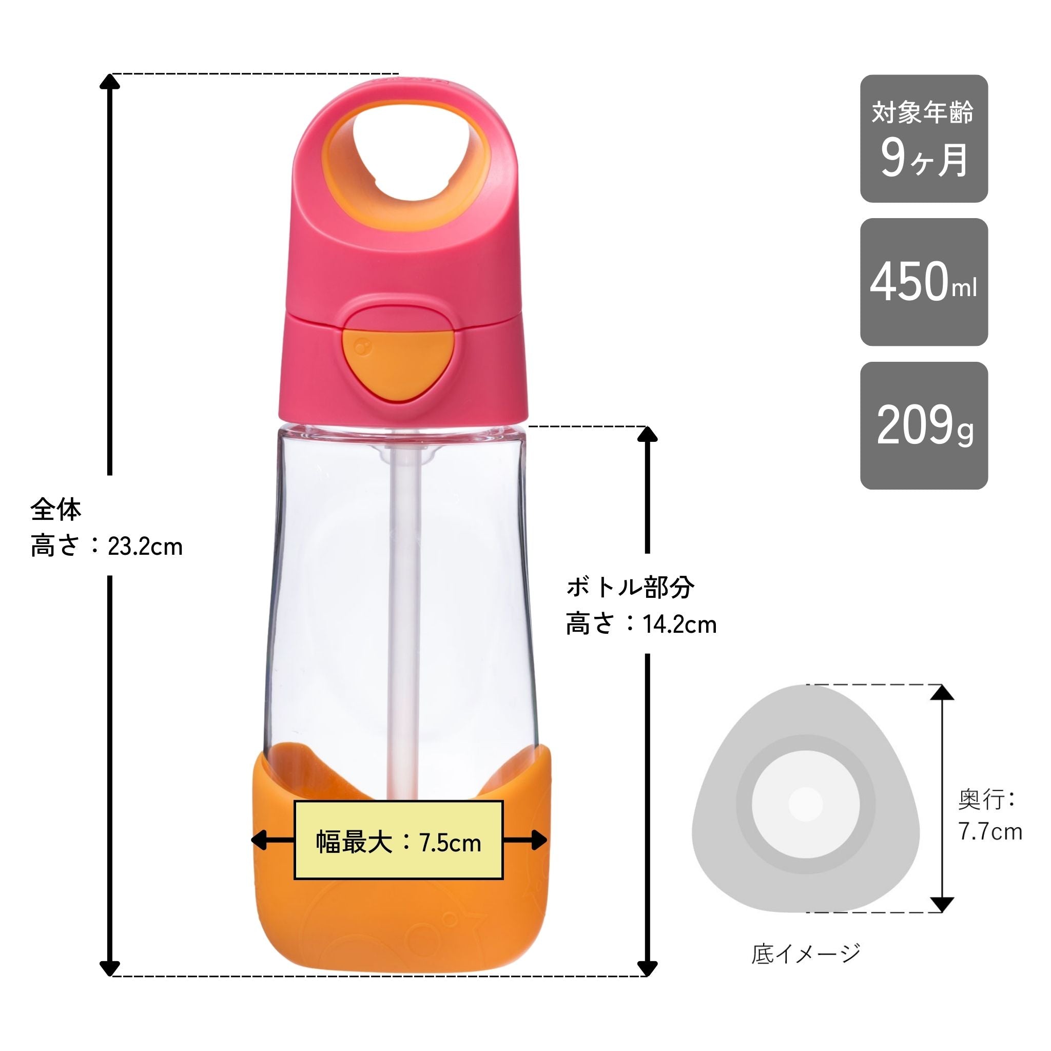 子供用プラスチック製水筒 食洗機対応 対象年齢9ヶ月から 450ml容量