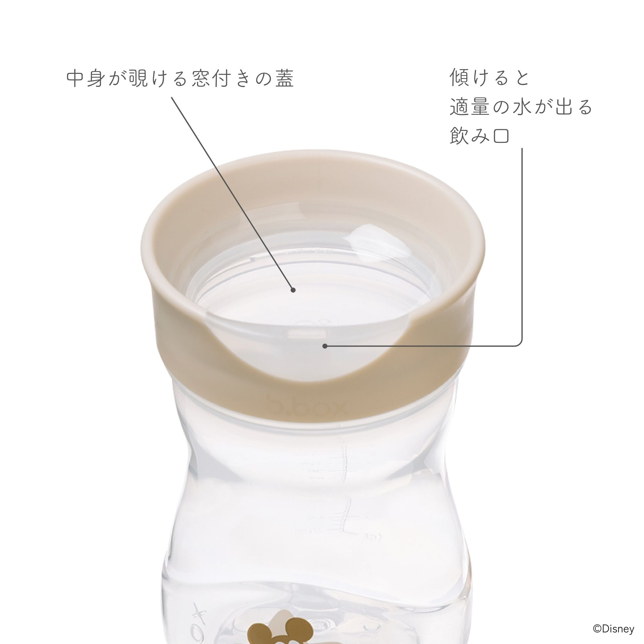 ミッキーデザインのコップ飲みアイテムの説明 窓付き 適量でる飲み口
