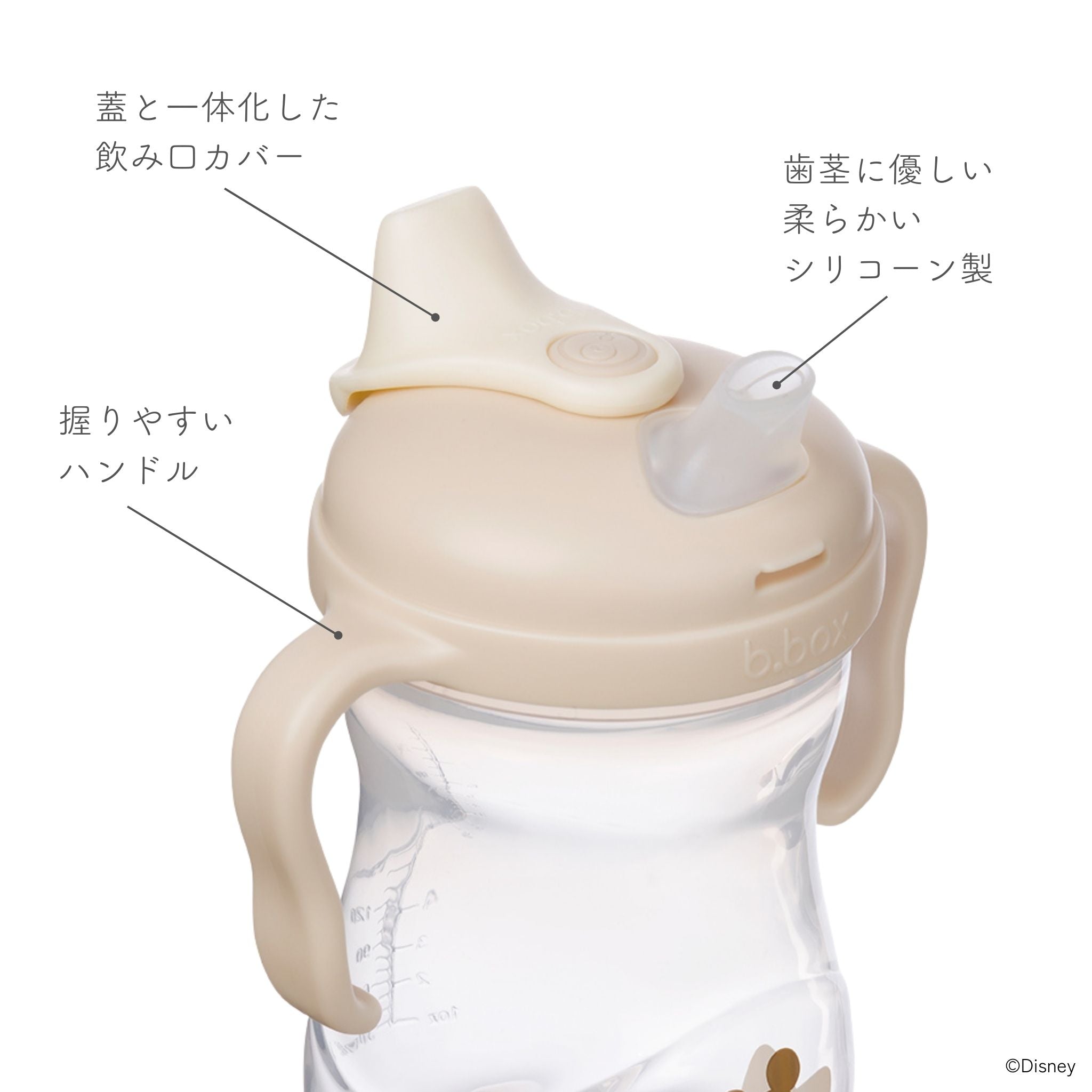ミッキーデザインのスパウトの説明 蓋と一体化した飲み口とカバー 歯茎に優しい柔らかいシリコーン製 握りやすいハンドル