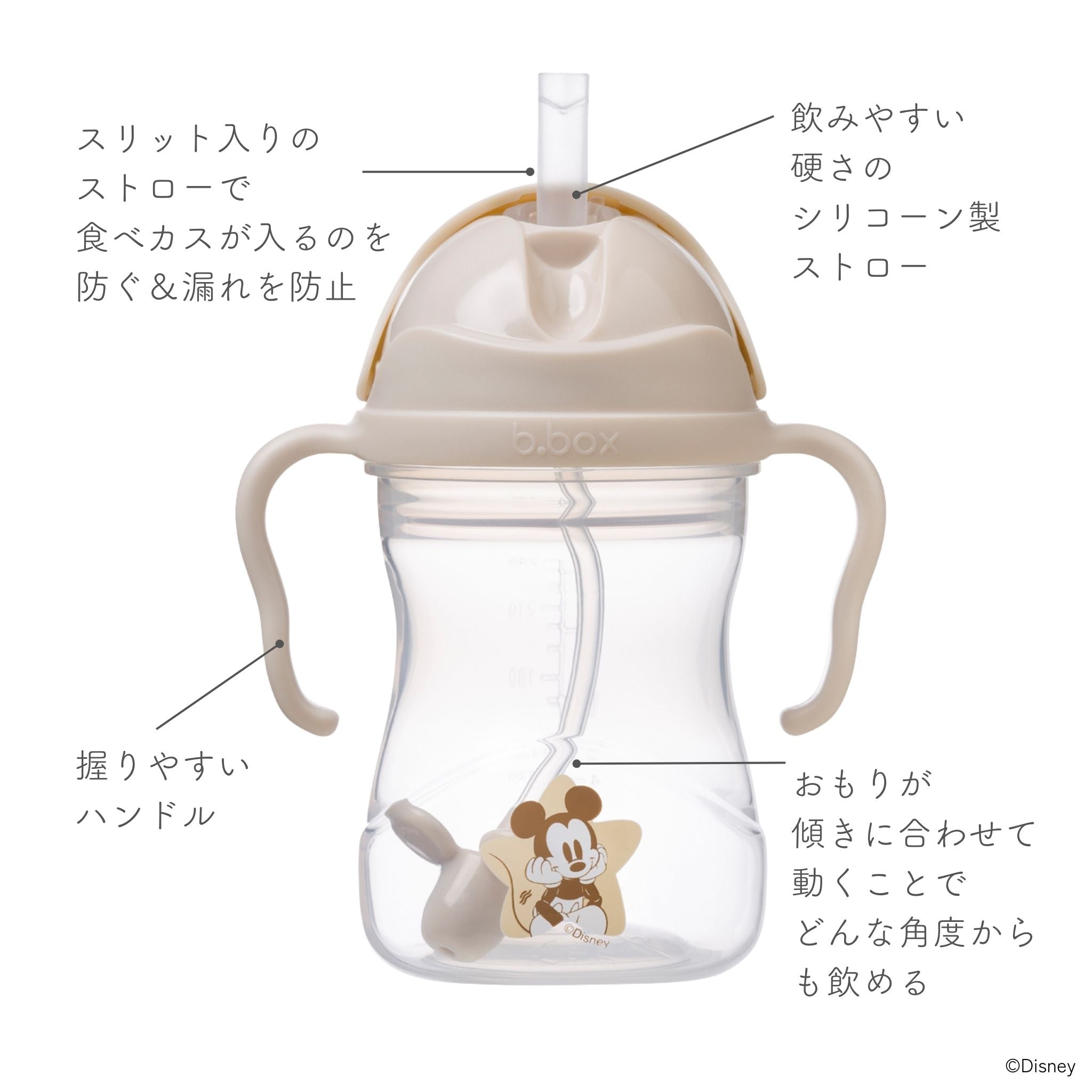 ミッキーデザインのストローマグの説明 スリット入りのストローで食べカス、漏れを防ぐ 飲みやすい硬さのシリコーン製ストロー 握りやすいハンドル おもり付き どんな角度からも飲める