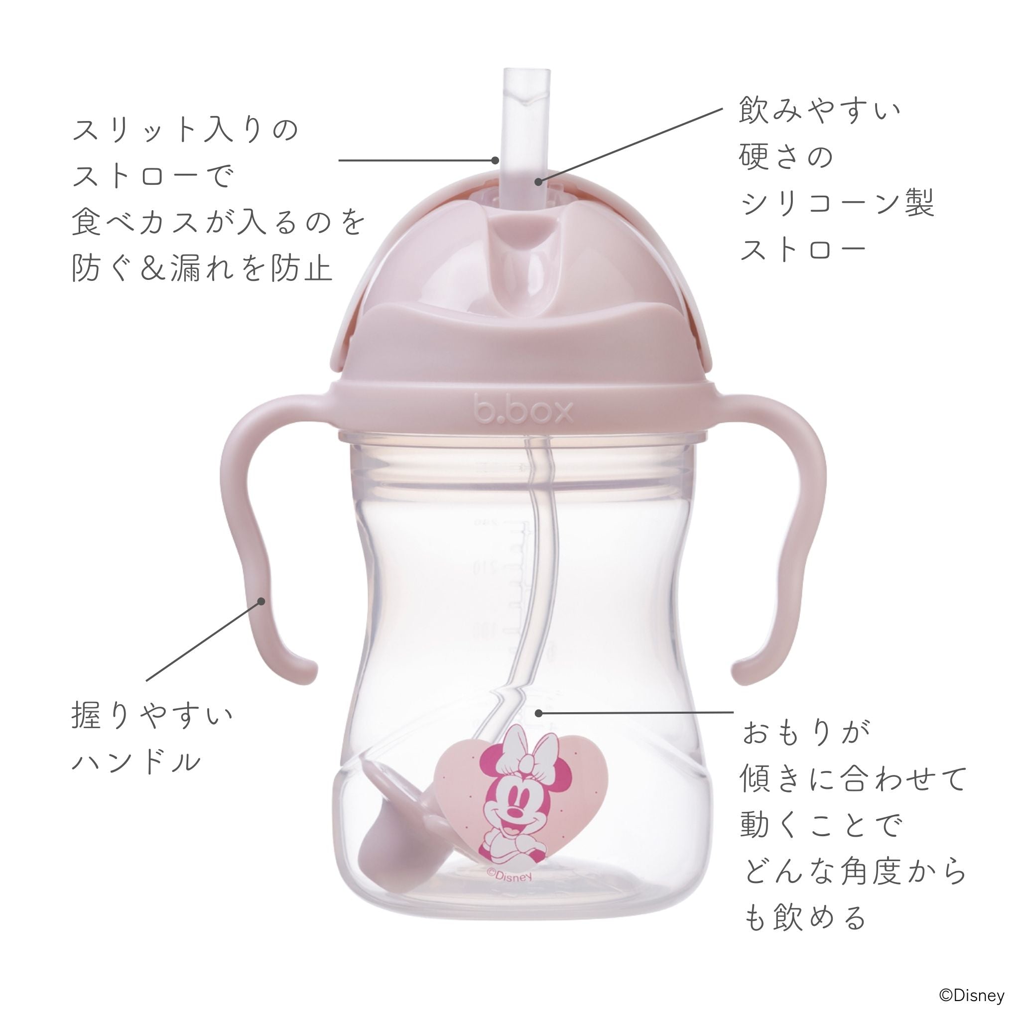ミニーデザインのストローマグの説明 スリット入りのストローで食べカスや漏れを防止 飲みやすい硬さのシリコーシリコーン製ストロー おもり付き どんな角度からも飲める 握りやすいハンドル