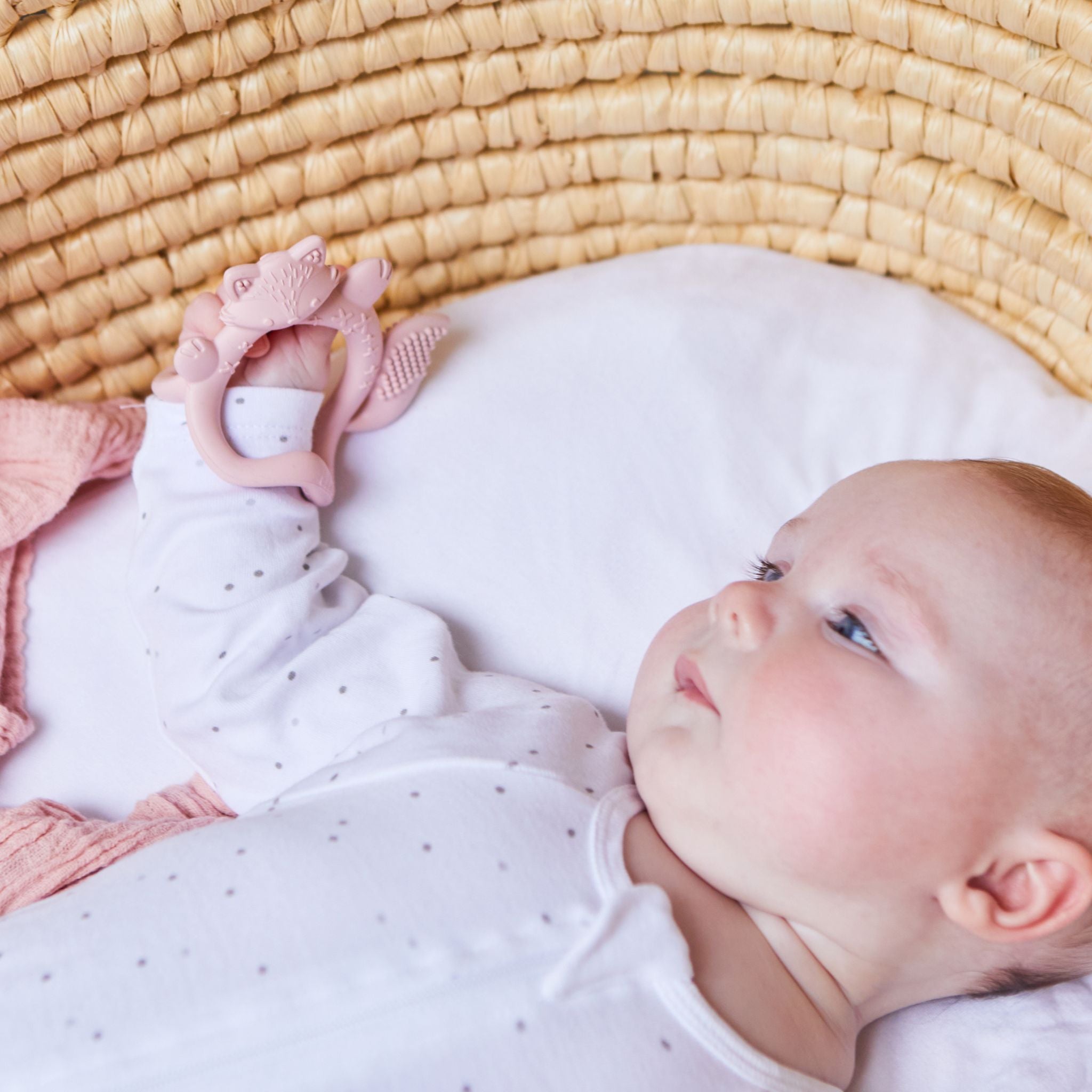 リストティーサー(歯固め)のblshカラーを持っている赤ちゃんの姿