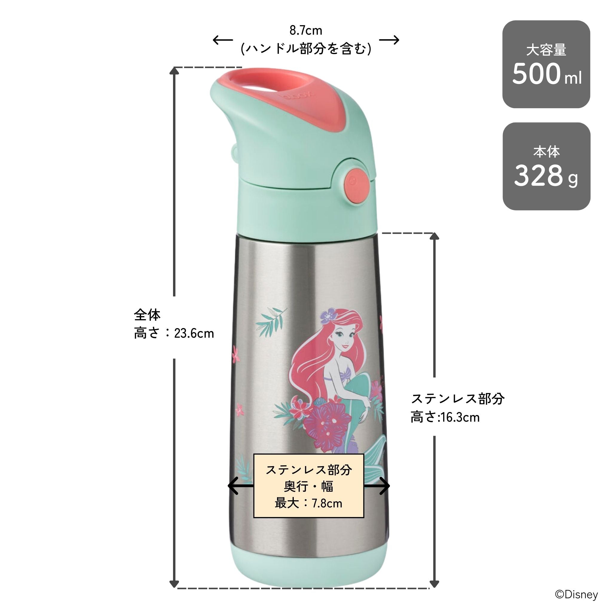 ディズニー ステンレスドリンクボトル 500ml（ステンレス製水筒）/Disney Insulated drink bottle 500ml  - Little Mermaid 24