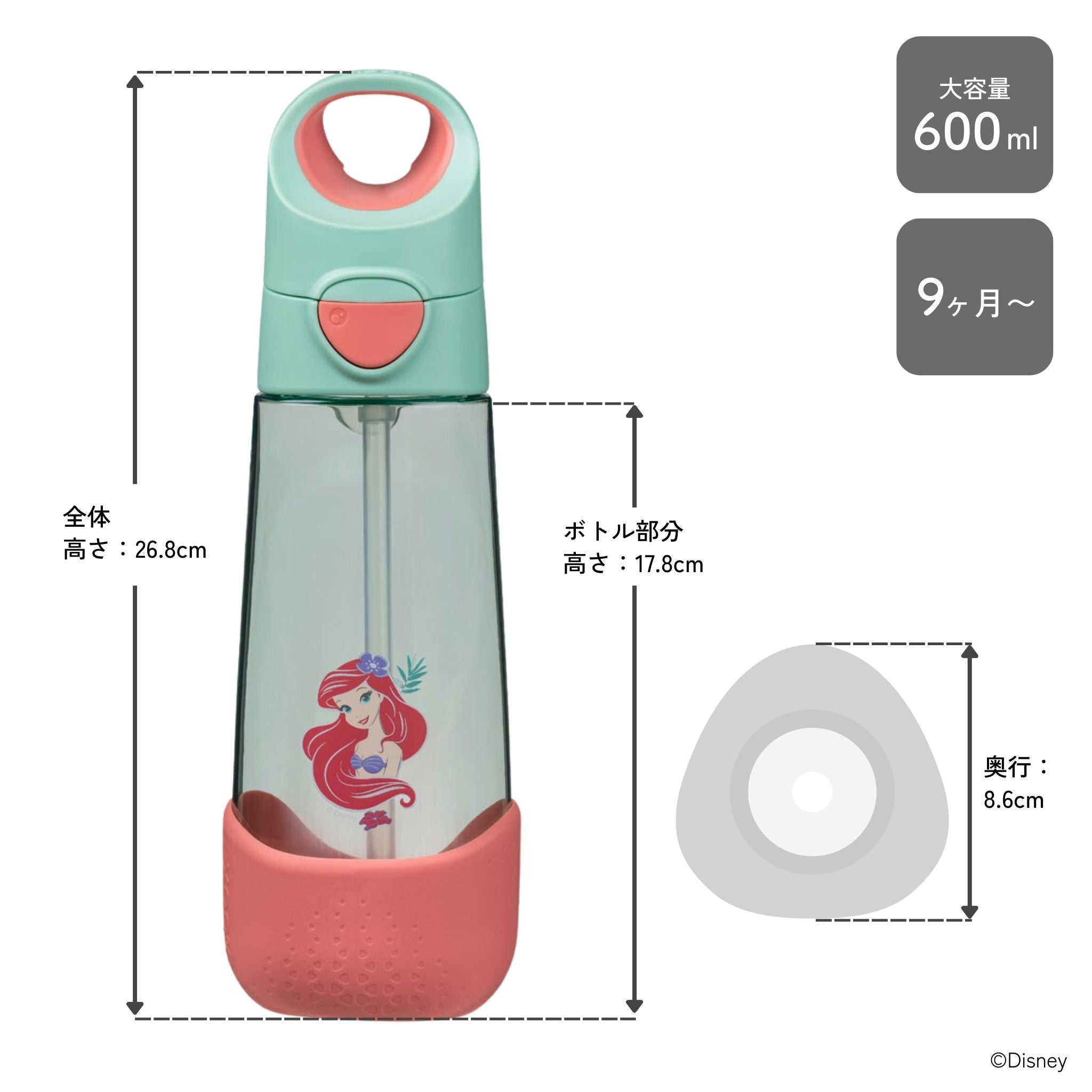 ディズニーの人気キャラクタープリンセスのアリエルが正面に印刷されたプラスチック製水筒