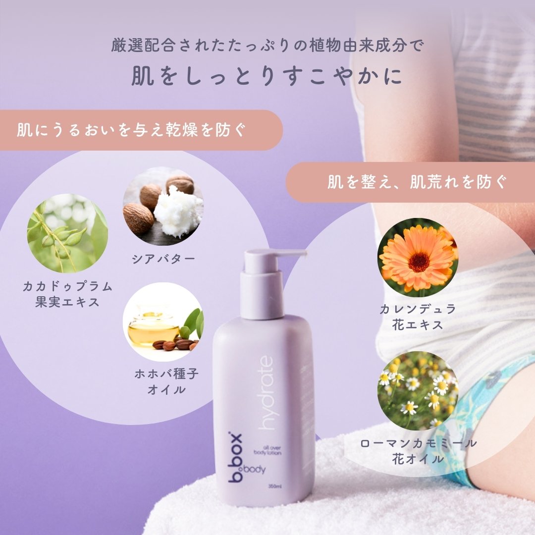 b.box body hydrateの主要成分である、カカドゥプラム果実エキス、シアバター、ホホバ種子オイル、カレンデュラ花エキス、ローマンカモミール花オイルのイメージ画像