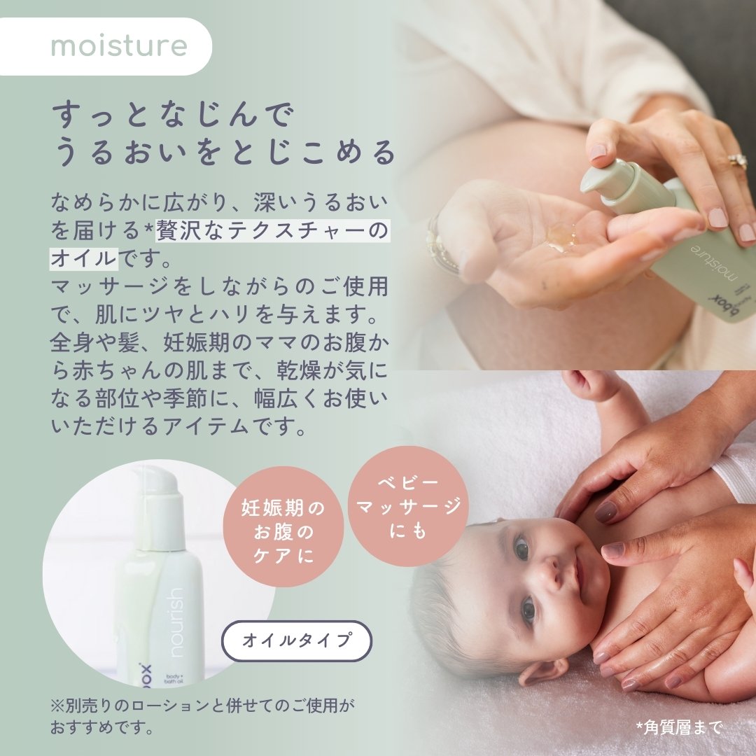 b.box body moistureのボトルと、オイルを塗っている様子