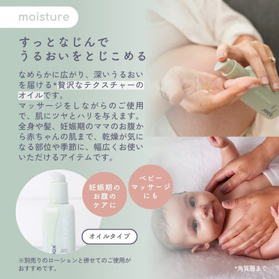 b.box body moistureのボトルと、オイルを塗っている様子