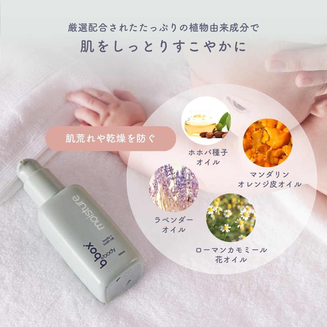 b.box body moistureの主要成分である、ローマンカモミール花オイル、ホホバ種子オイル、マンダリンオレンジ皮オイル、ラベンダーオイルのイメージ画像
