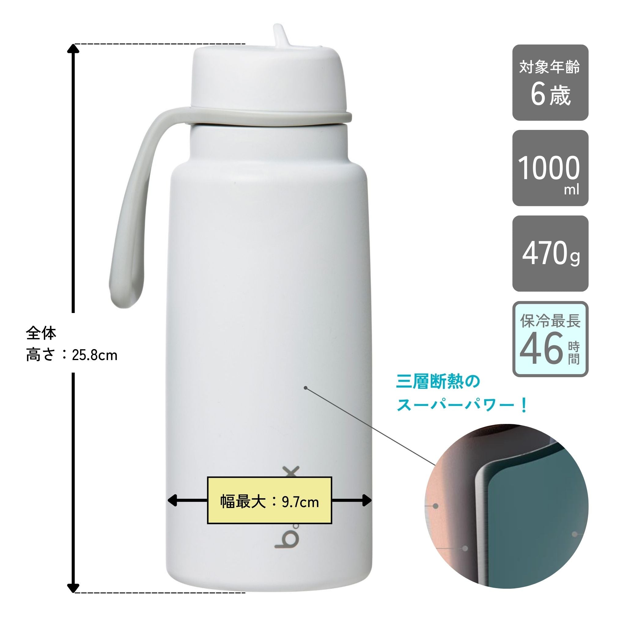 1L Insulated Flip Top Bottle　サイズ