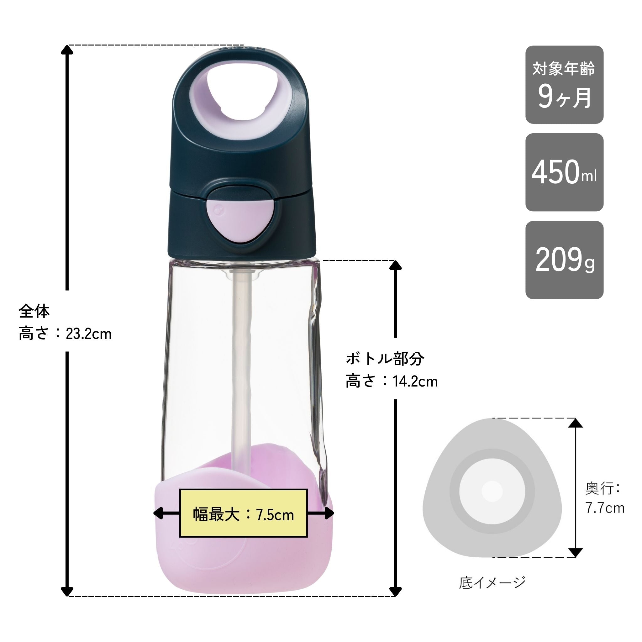 子供用プラスチック製水筒　軽くて丈夫　トライタン素材　ストローの直飲み　対象年齢9ヶ月から　サイズ450ml容量