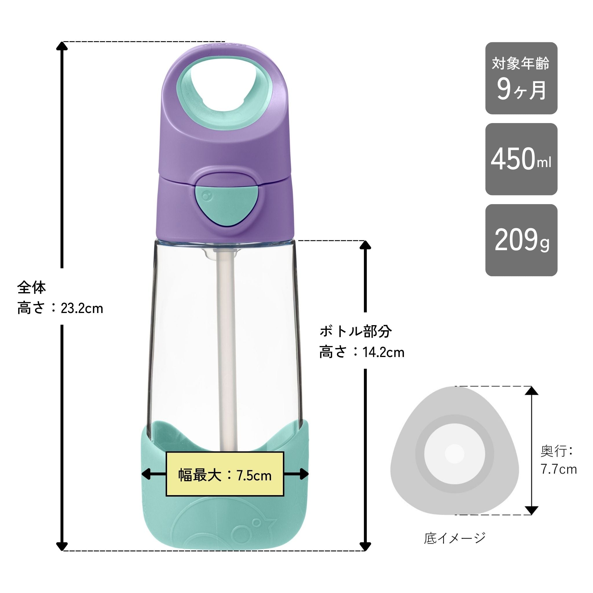 ビーボックス　子供用プラスチック製水筒 lilac popのサイズ