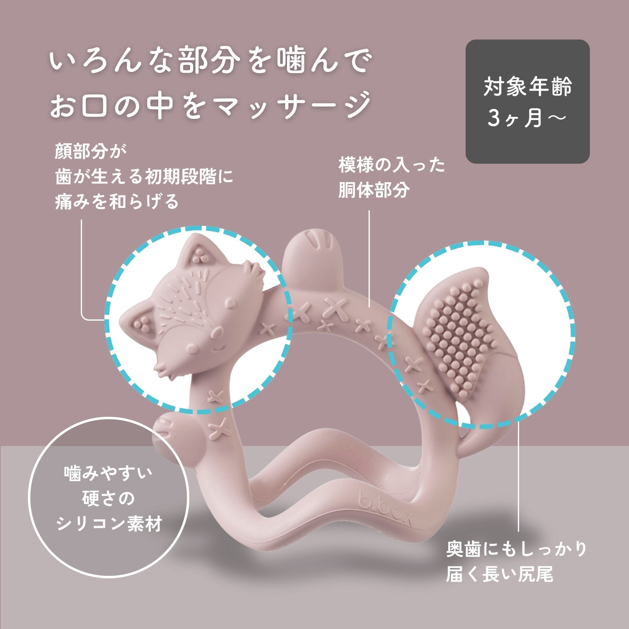 キツネの歯固めの各部位の説明画像。顔部分、胴体部分、尻尾部分それぞれの特徴と、対象年齢が3ヶ月〜